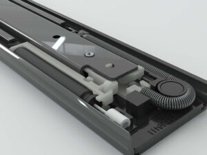 Querschnitt einer Teleskopschiene mit sichtbarem Federmechanismus und Dämpfungssystem für sanften Einzug