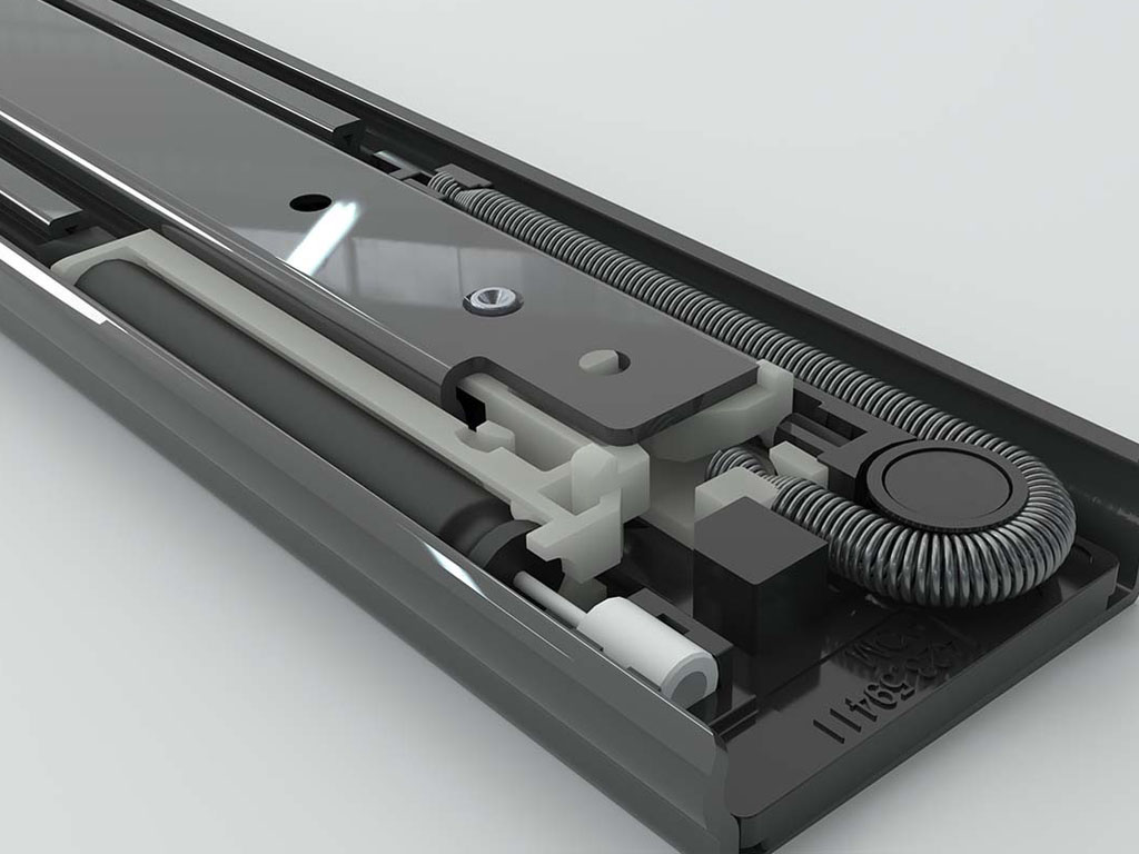 Querschnitt einer Teleskopschiene mit sichtbarem Federmechanismus und Dämpfungssystem für sanften Einzug
